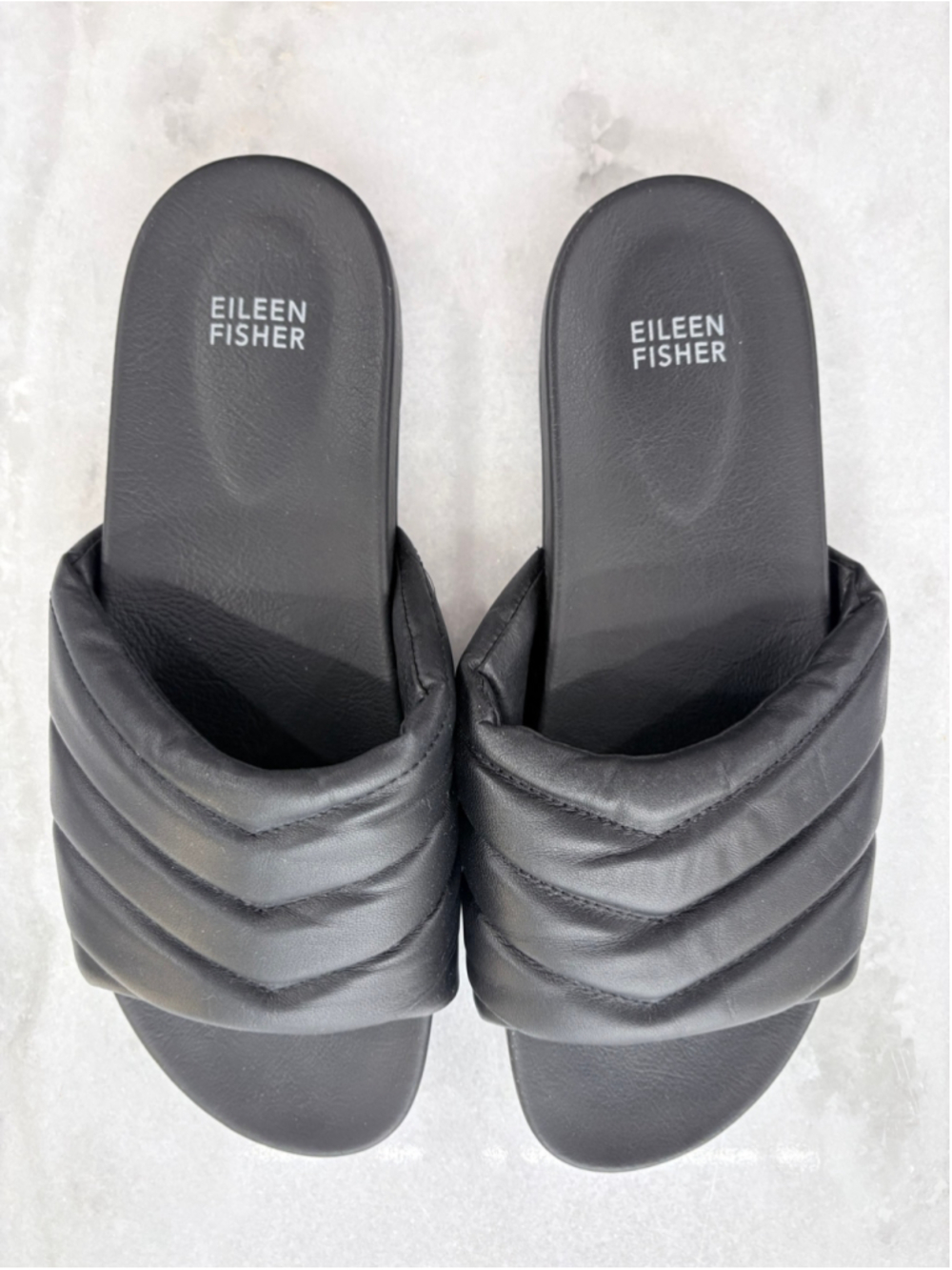 Eileen Fisher Black Quilted Leather Slide Sandals Size 10